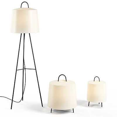 Elegant Modern Floor Lamp With White Shade Black Metal Stand And Two Small Lamps 3d model