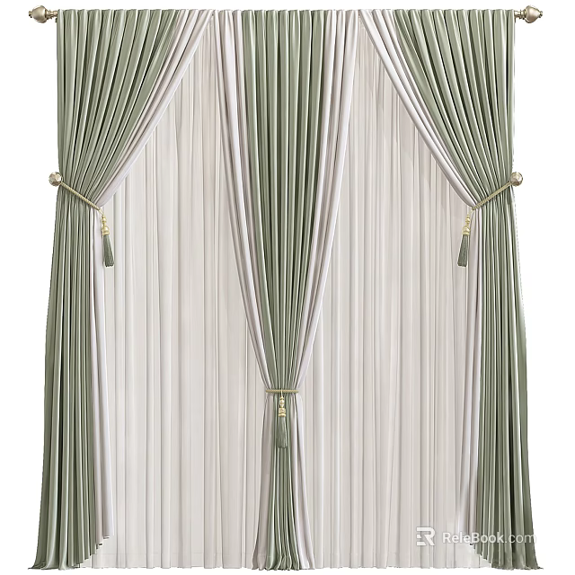 Green And White Striped Pleated Curtains With Tiebacks And Sheer Layers 3d model 