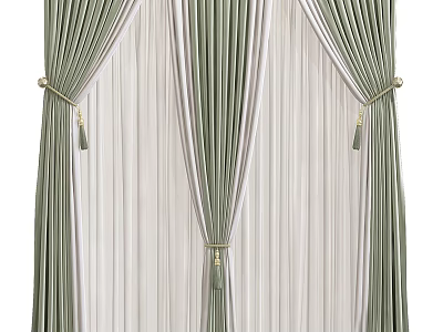 Green And White Striped Pleated Curtains With Tiebacks And Sheer Layers 3d model
