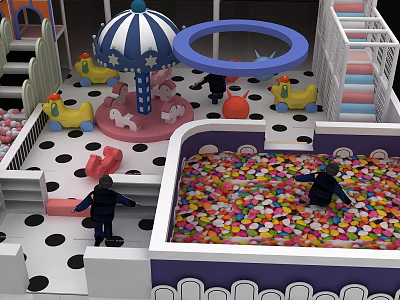 Landscape Sculptures With Carousel Cartoon Ducks Colorful Ball Pit And Black White Polka Dot Floor 3d model