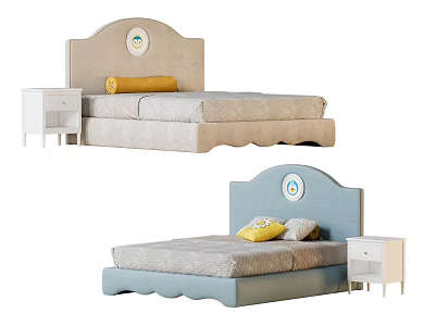 Children's Bed With Curved Headboard Circular Design Light Gray Blue White Nightstand Yellow Gray Pillows 3d model