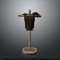 Medieval Weapon Brown Armor Displayed on Wooden Stand with Rustic Finish