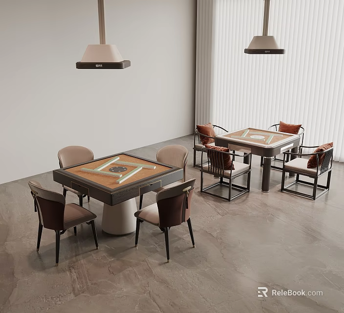 Two Modern Entertainment Tables With Brown Upholstered Chairs In Bright Interior With Pendant Lights 3d model 
