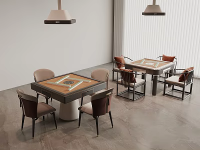 Two Modern Entertainment Tables With Brown Upholstered Chairs In Bright Interior With Pendant Lights 3d model