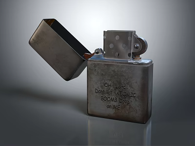 Vintage Metal Lighter With Open Lid And Engraved Text On Worn Surface 3d model