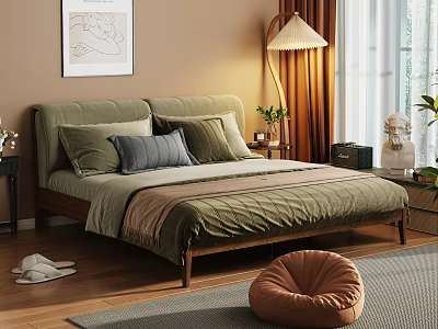 Cozy Background Double Bed With Green Bedding Wooden Frame Floor Lamp And Wall Art 3d model