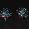 Dragon Heads with Red Eyes and Bleeding Tongues on Black Background and Intricate Horns