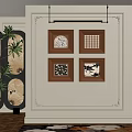 Four Abstract Paintings In Brown Wooden Frames For Wall Interior Decor 3d model