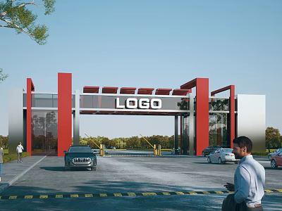 Red Structured Entrance Gate With LOGO And Vehicles On Road Near Trees 3d model