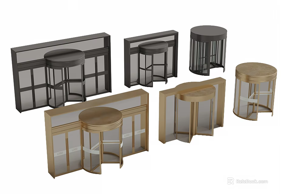 Various Styles Of Bar Stools And Dividers With Black Gold Metal And Glass 3d model 