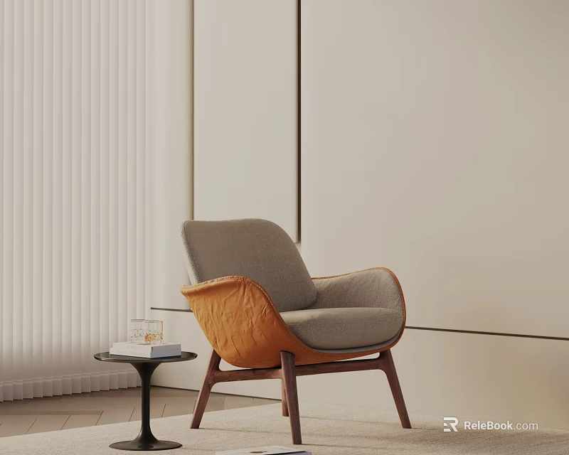 Modern Leisure Chair With Gray and Orange Upholstery Wooden Frame and Side Table 3d model 