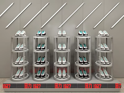 Clothing Store Shoe Display With Round Metal Racks And 1927 Brand Shoes 3d model