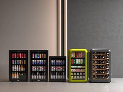 Colorful Mini Beverage Refrigerators And Freezers Filled With Canned And Bottled Drinks 3d model