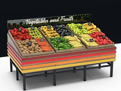 Retail Fruit Vegetable Display Shelf with Colorful Layers and Fresh Produce 3d model
