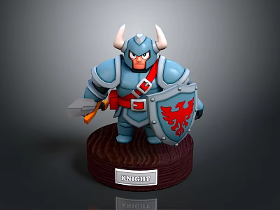 Armored Knight Holding Sword With Blue Armor Horned Helmet Red Eagle Shield And Wooden Base 3d model