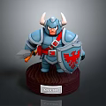 Armored Knight Holding Sword With Blue Armor Horned Helmet Red Eagle Shield And Wooden Base