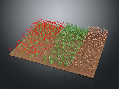 Three Plant Sections Featuring Red Flowers Green Leaves Brown Stems on Brown Soil Dark Background 3d model