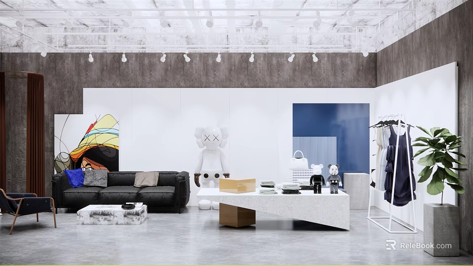 Modern Clothing Store Interior With Black Sofa Colorful Artwork Clothing Racks And Decorative Items 3d model 