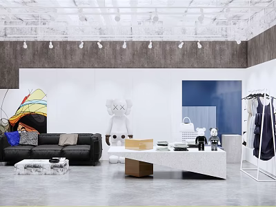 Modern Clothing Store Interior With Black Sofa Colorful Artwork Clothing Racks And Decorative Items 3d model