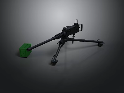 Military Machine Gun With Tripod Stand And Green Ammo Box On Dark Background 3d model