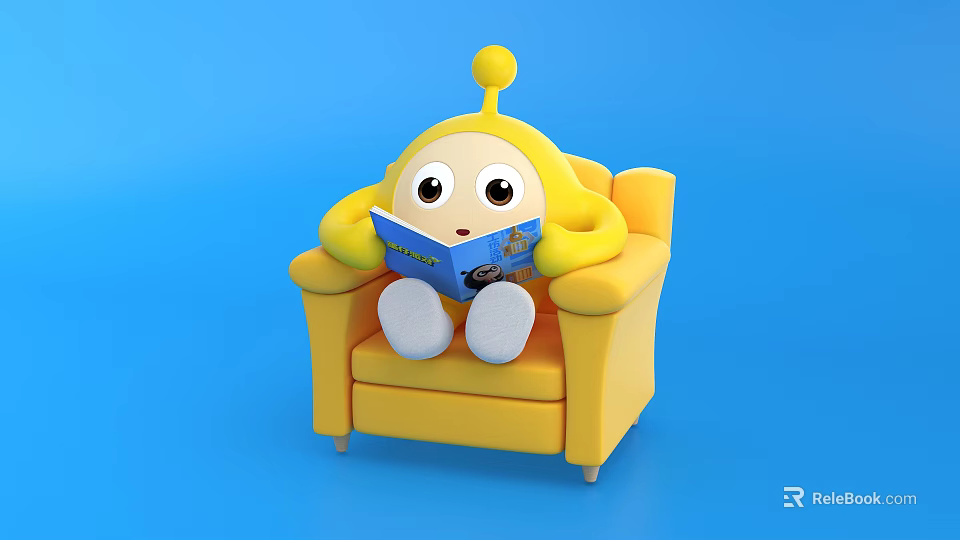 Yellow Cartoon Character Sitting On Yellow Armchair Reading Blue Book With Blue Background 3d model 