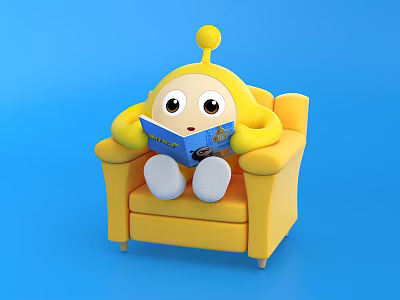 Yellow Cartoon Character Sitting On Yellow Armchair Reading Blue Book With Blue Background 3d model