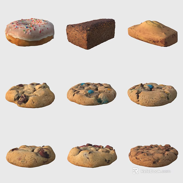Assorted Baked Treats Including Sprinkled Donut Loaf Bread And Chocolate Chip Cookies With Nuts 3d model 