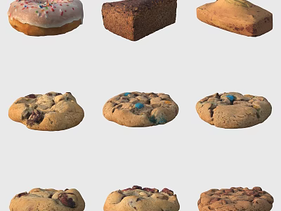 Assorted Baked Treats Including Sprinkled Donut Loaf Bread And Chocolate Chip Cookies With Nuts 3d model