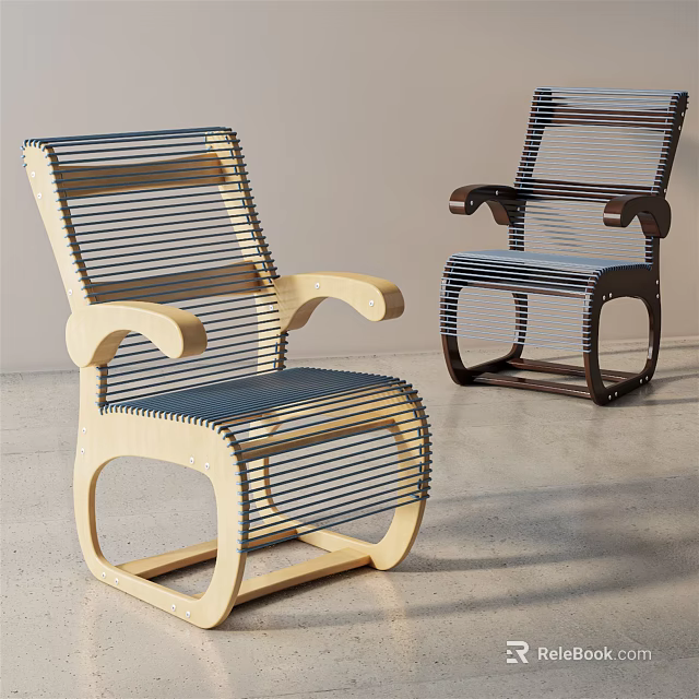 Modern Leisure Chairs With Wooden Frame And Striped Woven Seats And Armrests 3d model 