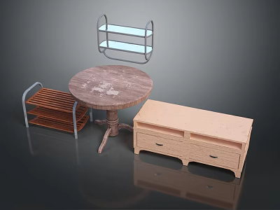 Serene Garden Landscape With Wooden Round Table Metal Shelf And Drawer Cabinet 3d model