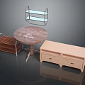 Serene Garden Landscape With Wooden Round Table Metal Shelf And Drawer Cabinet