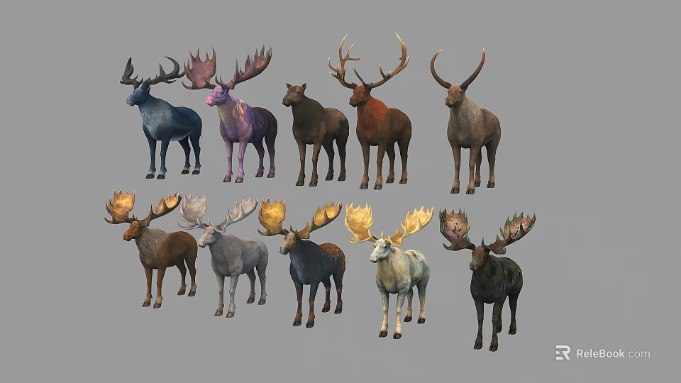 Various Colored Moose With Unique Antlers And Stylish 3d model 