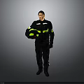Rescue Worker In Black Uniform With Yellow Reflective Stripes Holding Helmet And Rescue Dog