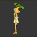 Little Girl In Yellow Raincoat And Hat Holding Large Green Leaf Umbrella With Bell