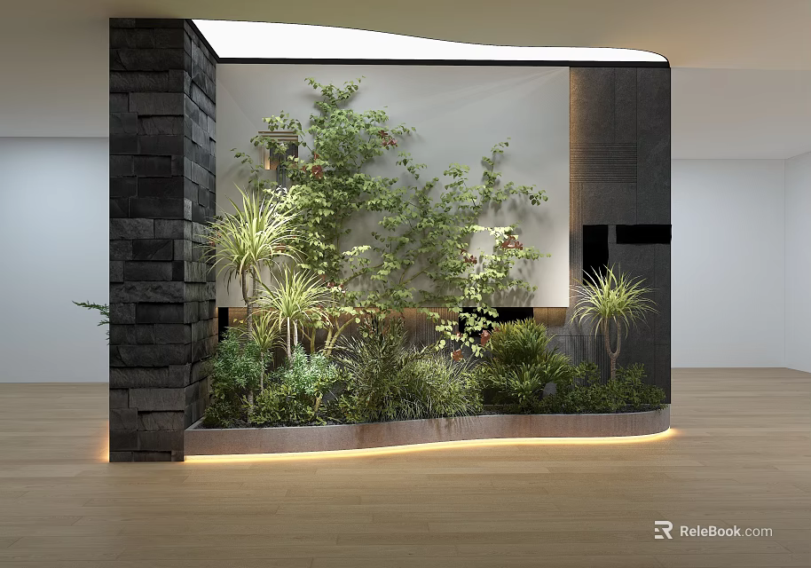 Indoor Green Plant Partition with LED Strip Lighting Modern Minimalist Interior Design and Wooden Floor 3d model 