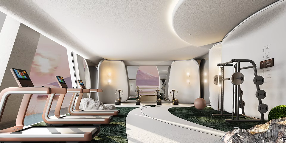 Modern Fitness Gym With Treadmills Dumbbells Green Carpet And Curved Lighting Design 3d model 