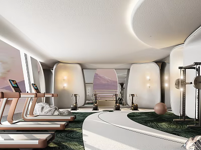 Modern Fitness Gym With Treadmills Dumbbells Green Carpet And Curved Lighting Design 3d model