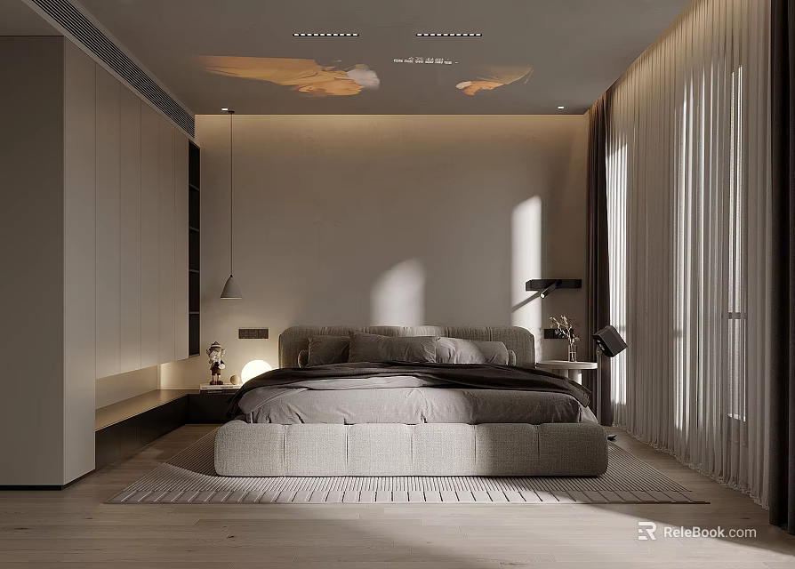 Modern Bedroom Interior Design With Comfortable Bed Natural Light Curtains And Nightstand 3d model 
