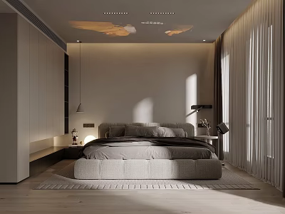 Modern Bedroom Interior Design With Comfortable Bed Natural Light Curtains And Nightstand 3d model