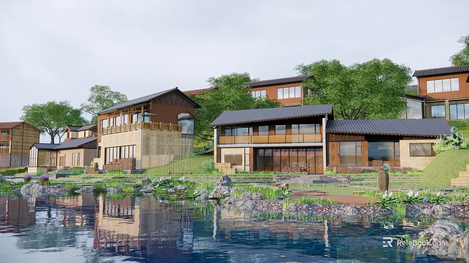 Scenic Guesthouse Building With Lake Reflection Wooden Structure And Surrounding Green Trees 3d model 