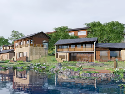 Scenic Guesthouse Building With Lake Reflection Wooden Structure And Surrounding Green Trees 3d model