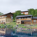 Scenic Guesthouse Building With Lake Reflection Wooden Structure And Surrounding Green Trees