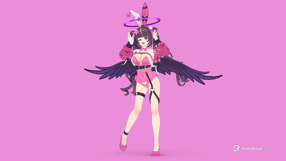 Woman With Black Wings And Pink Outfit Wearing Halo On Head Against Pink Background 3d model 