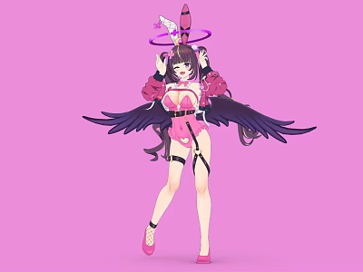 Woman With Black Wings And Pink Outfit Wearing Halo On Head Against Pink Background 3d model
