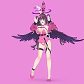 Woman With Black Wings And Pink Outfit Wearing Halo On Head Against Pink Background