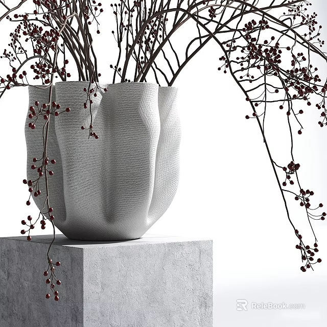 Textured White Vase with Branches and Red Berries on Gray Cube Pedestal Against White Background 3d model 