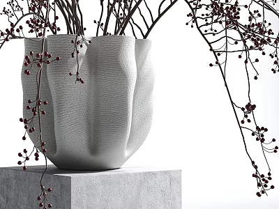 Textured White Vase with Branches and Red Berries on Gray Cube Pedestal Against White Background 3d model