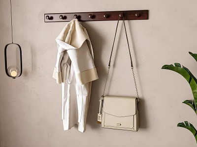 Wall Mounted Wooden Hook Rack With Hanging White Coat And Beige Bag On Beige Wall 3d model