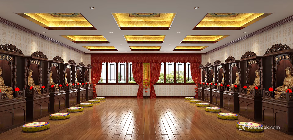 Religious Worship Hall Interior With Golden Ceiling Red Curtains And Devotional Items 3d model 