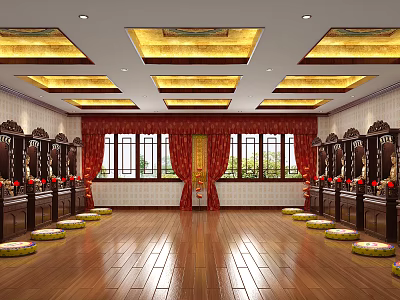 Religious Worship Hall Interior With Golden Ceiling Red Curtains And Devotional Items 3d model